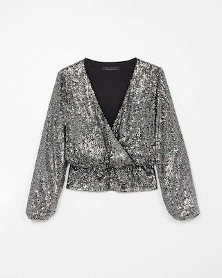 【50％OFF】 Long Market Black House White | Top Surplice Sequin Sleeve トップス
